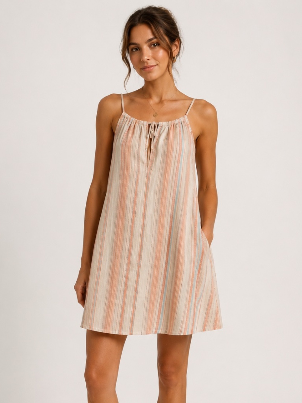 Loft Lounge Linen Blend Dress Women Size Small Mini Sleeveless Tie Neck